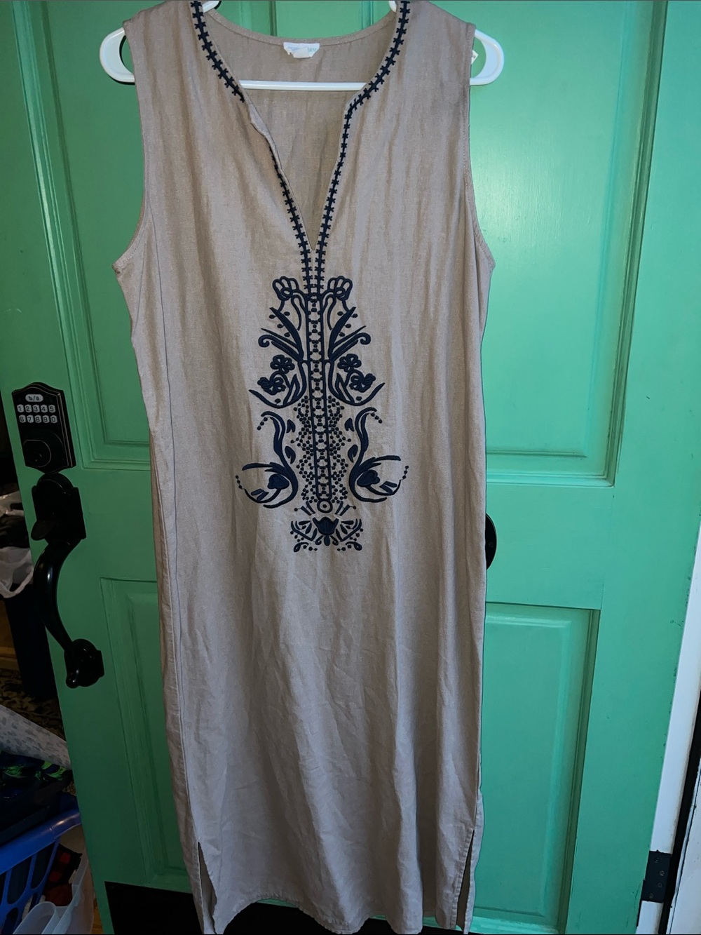 Sigrid Olsen linen blend Beige Sleeveless maxi with Navy Embroidery- Medium